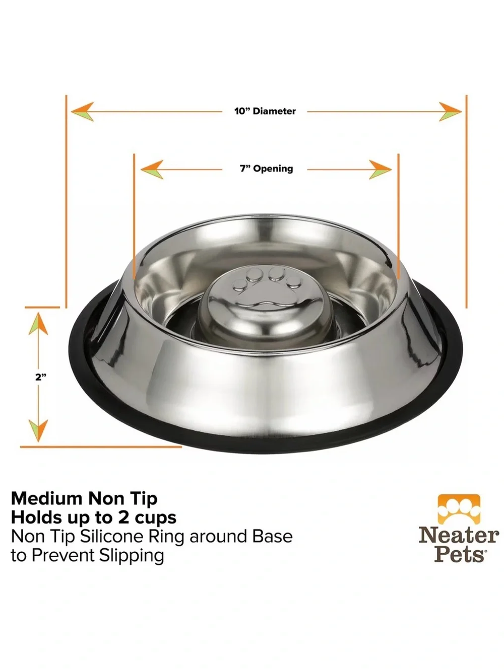 Neater Pets Non-Skid Non-Tip Stainless Steel Slow Feeder Dog Bowl, 2-cup